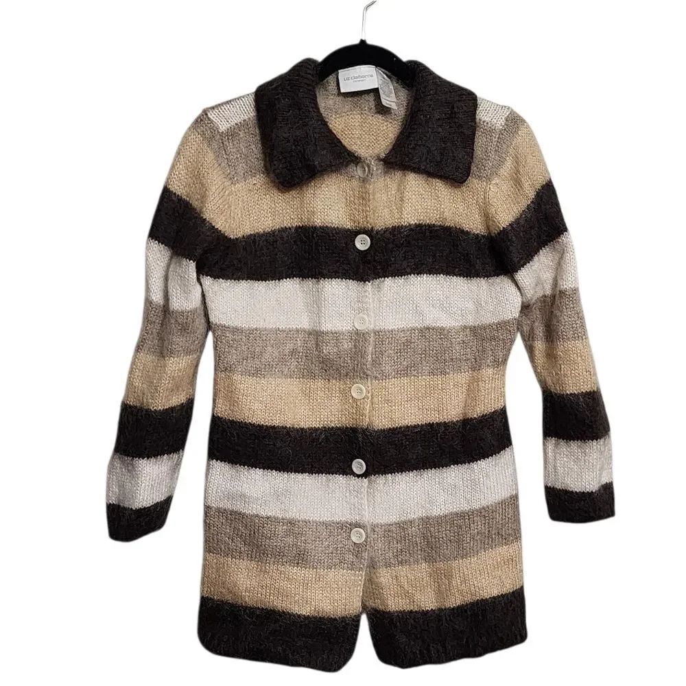 Vintage Liz Claiborne Sweater Cardigan M Brown Striped Mohair Country Cozy Cabin